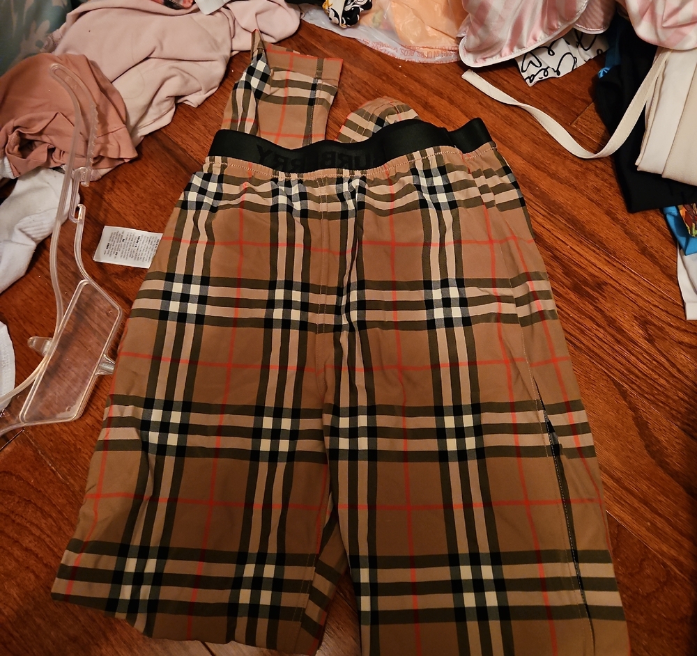 Burberry Tan Check Leggings with Black and Red Accents